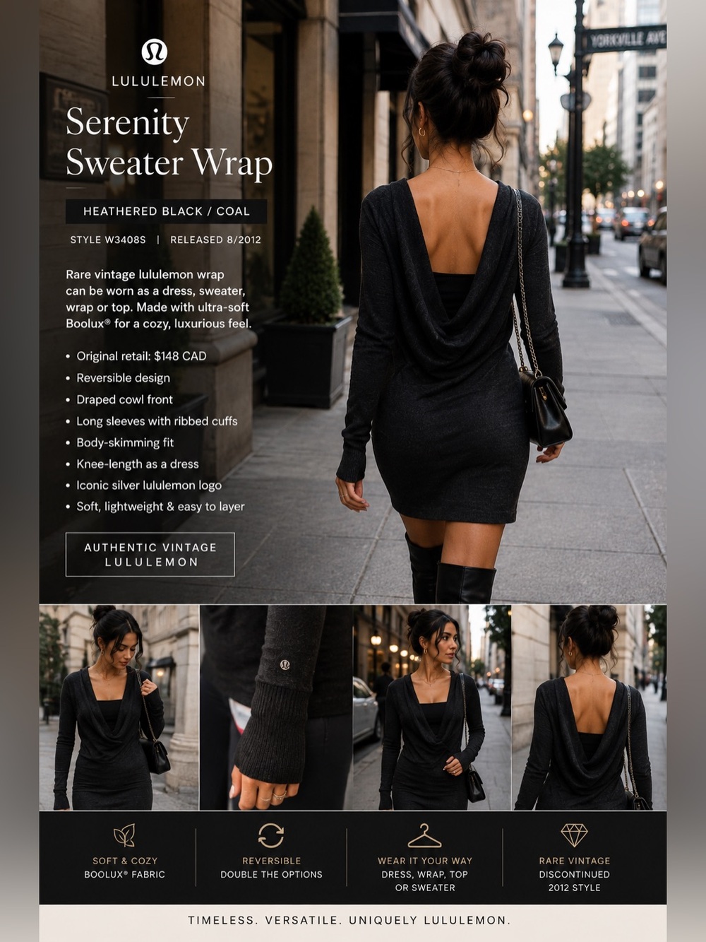 Lululemon Serenity Sweater Wrap | Heathered Black | W3408S | Vintage Rare | 2012